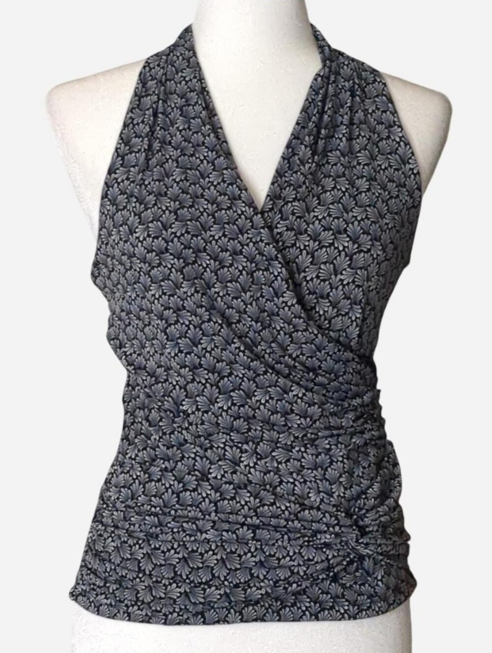 VINTAGE 2000s XOXO Ruched Halter Top 🖤 Graphic Fan Print Surplice Crossover Blo